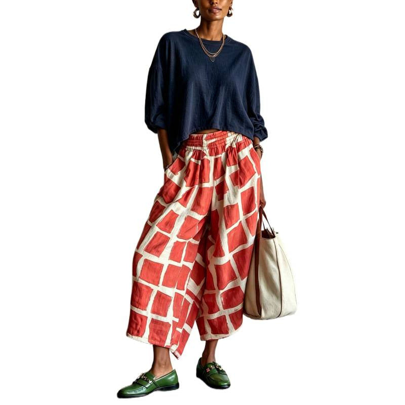 Damen Gemusterte Culotte-Palazzohose mit weitem Bein, elastischem Bund und Eingrifftaschen Echoarchiv