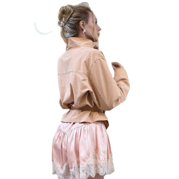 Damen Satin-Spitzen-Minirock mit luxuriösem Glanz und zarter Spitzenborte Echoarchiv