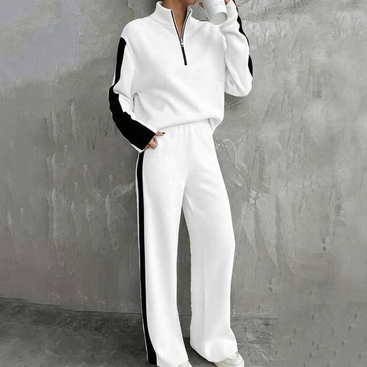 Damen Zweiteiliges Lounge‑Set mit Halbreißverschluss, Kontraststreifen und weitem Palazzo‑Schnitt – Élanora