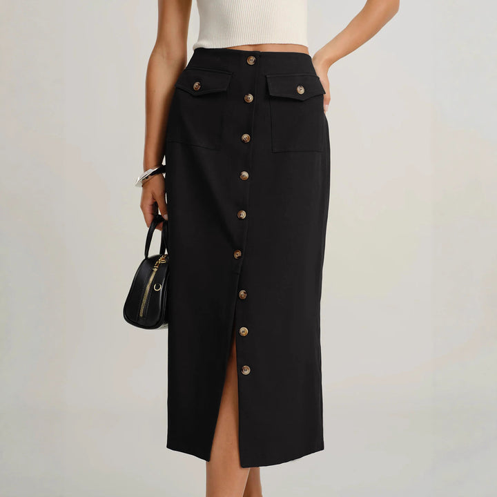 Damen Eleganter Midirock mit Knopfleiste und Taschen Echo Archiv