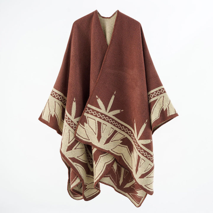 Damen Grobgewebter Umhangponcho aus Wollmix mit V-Ausschnitt und Ornamentjacquard – Veloura