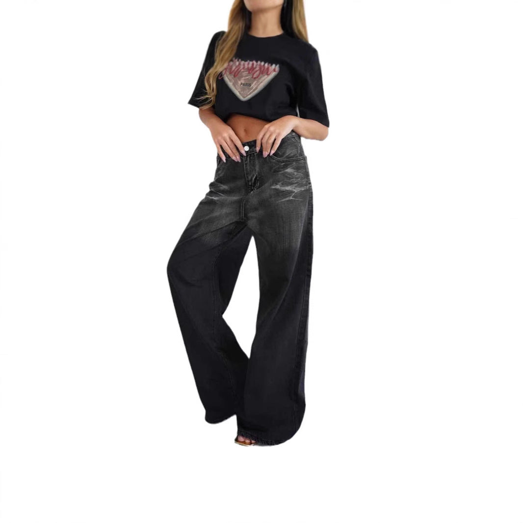 Damen lockere High-Waist Jeans mit angesagtem Farbverlauf und weitem Bein Echo Archiv