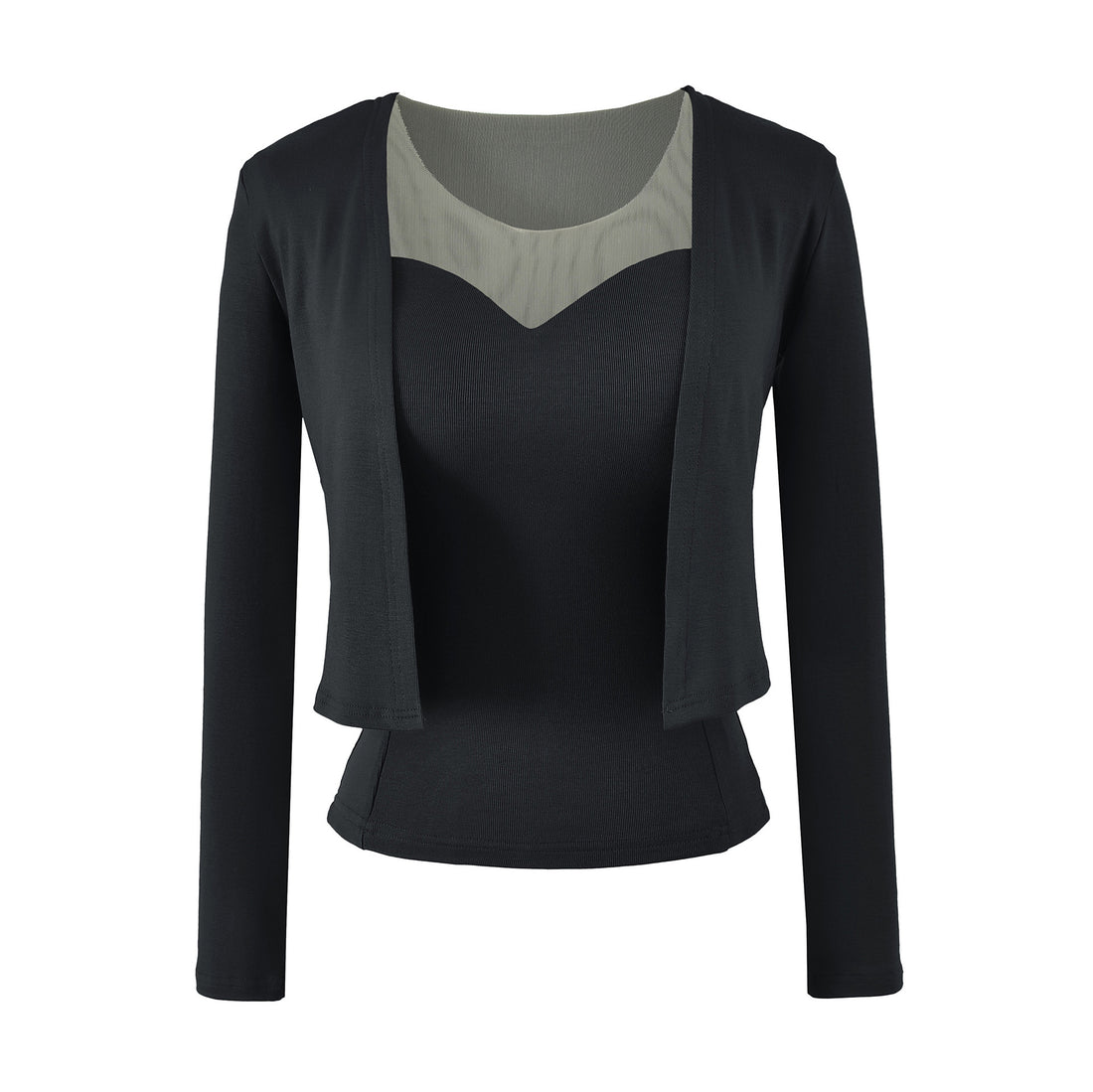 Damen Zweiteiliges Feinstrick-Top-Set mit Mesh-Einsatz und offenem Cardigan Echoarchiv