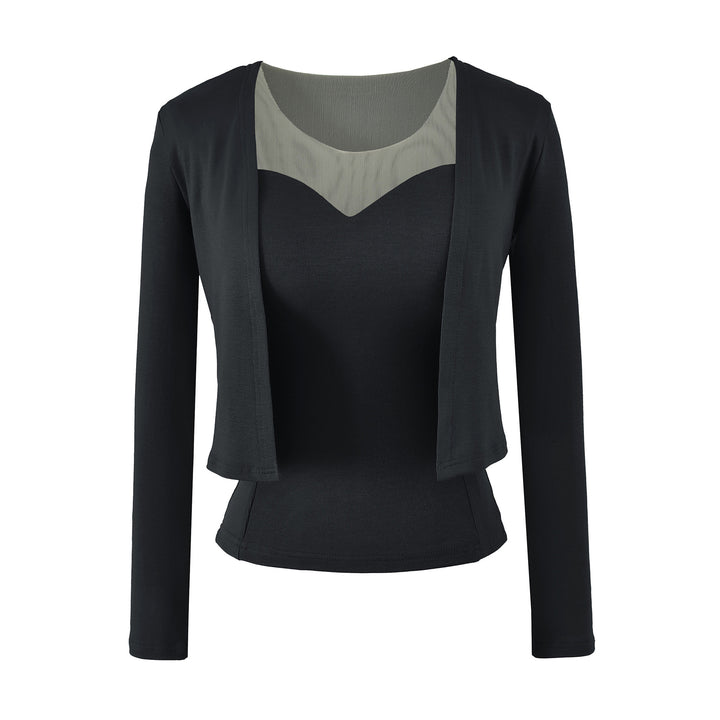 Damen Zweiteiliges Feinstrick-Top-Set mit Mesh-Einsatz und offenem Cardigan Echoarchiv