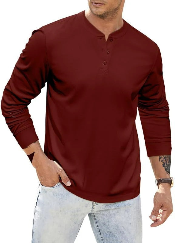 Herren langärmliges Henley-Shirt mit Knopfleiste und strukturierter Oberfläche Echoarchiv
