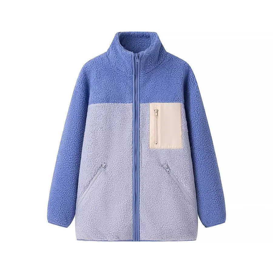 Damen locker geschnittene Teddy‑Fleecejacke mit Stehkragen Reißverschlusstaschen und aufgesetzter Brusttasche – Célinea