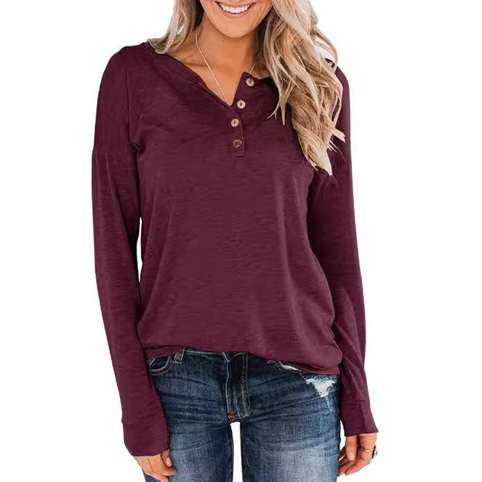 Damen modisches Langarm-Henley-Shirt mit Knopfleiste Echoarchiv