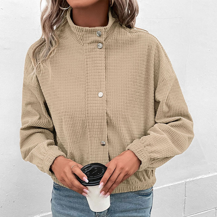 Damen Kurz geschnittene Waffelstruktur-Jacke mit Stehkragen und Reißverschluss – Célinea