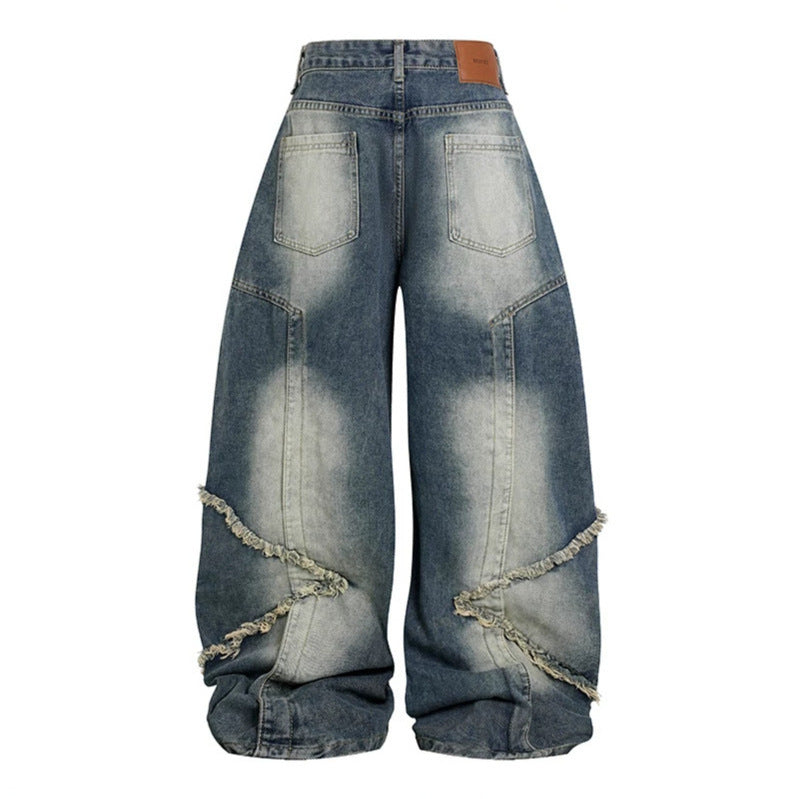 Damen Hochtaillierte weite Baggy-Jeans mit ausgefransten Lagenpanelen und Used-Look Echoarchiv
