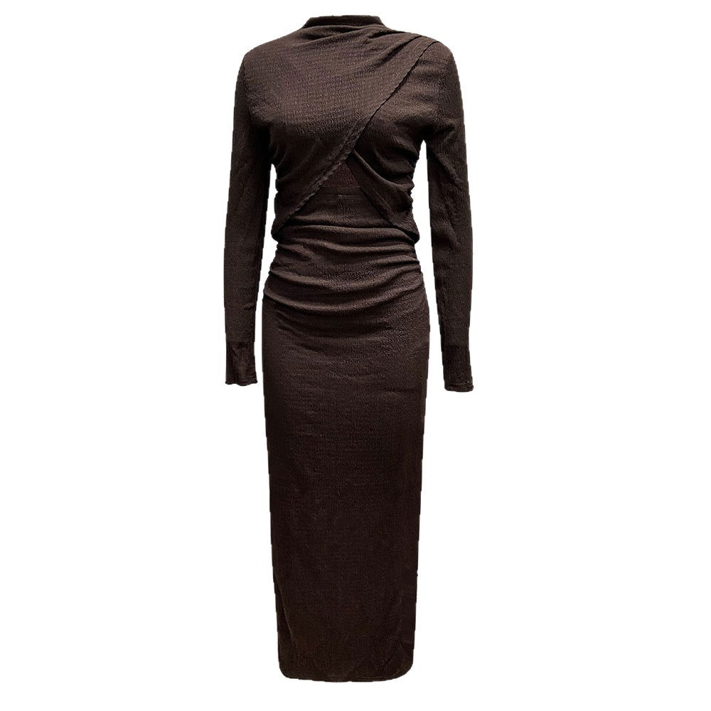 Damen geripptes Maxikleid mit gedrehtem Vorderteil Cut-Out taillierter Raffung und hohem Seitenschlitz – Valéora