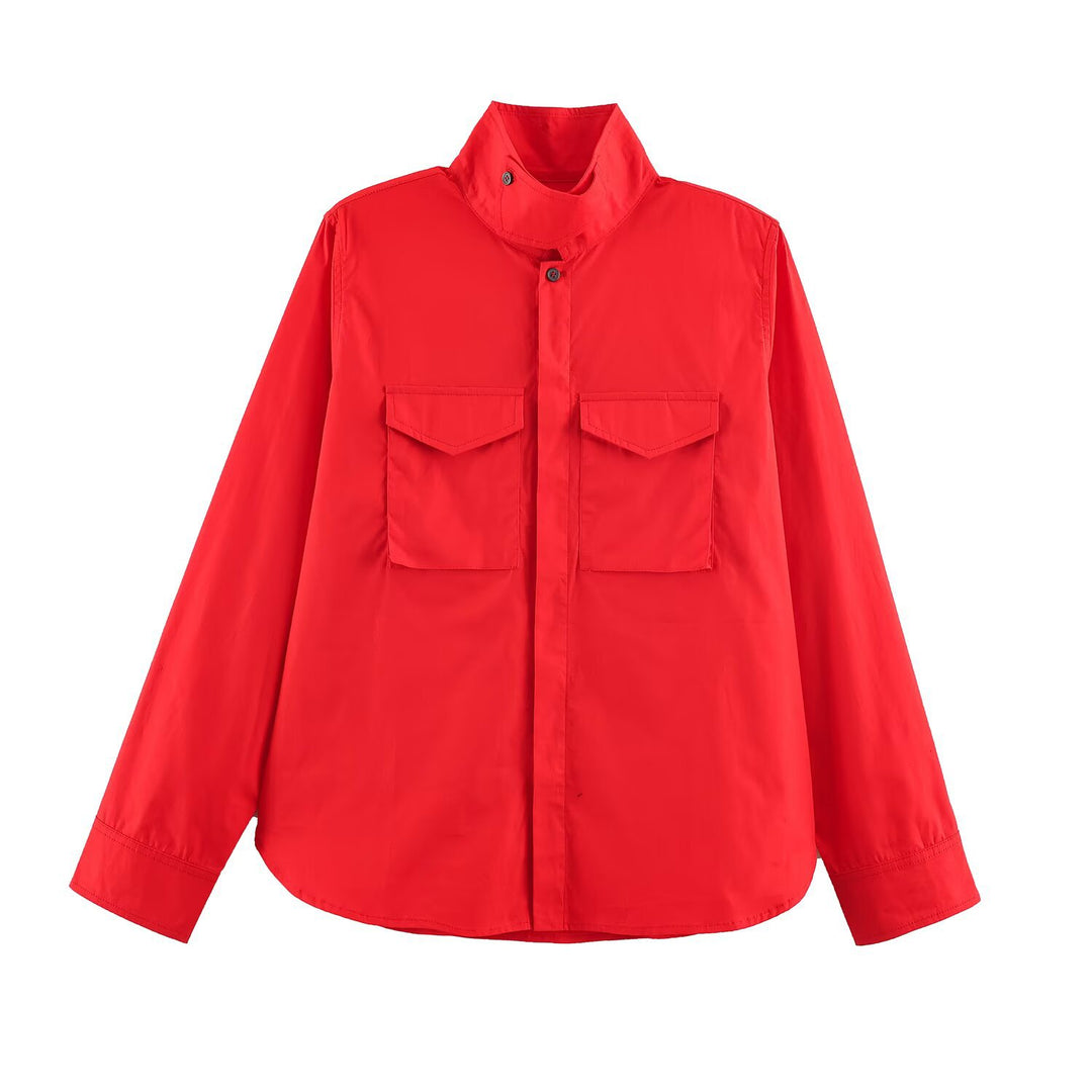 Damen Oversize Utility‑Hemdjacke mit hohem Stehkragen und aufgesetzten Brusttaschen Echo Archiv