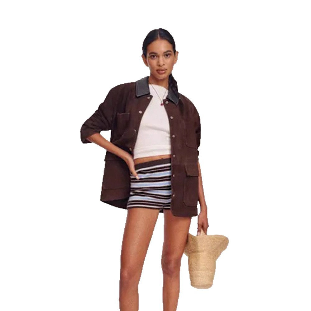 Damen Oversize-Utility-Jacke aus Veloursleder‑Optik mit Kontrastkragen & aufgesetzten Pattentaschen Echoarchiv