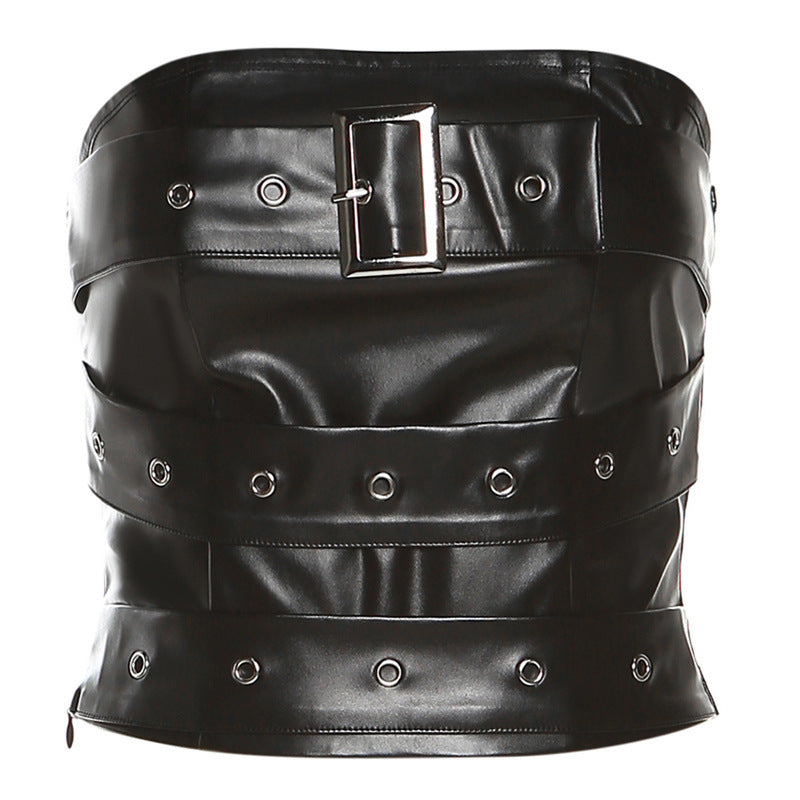 Damen Couture Oberteil aus Leder mit dekorativen Schnallen und Ösen Echo Archiv