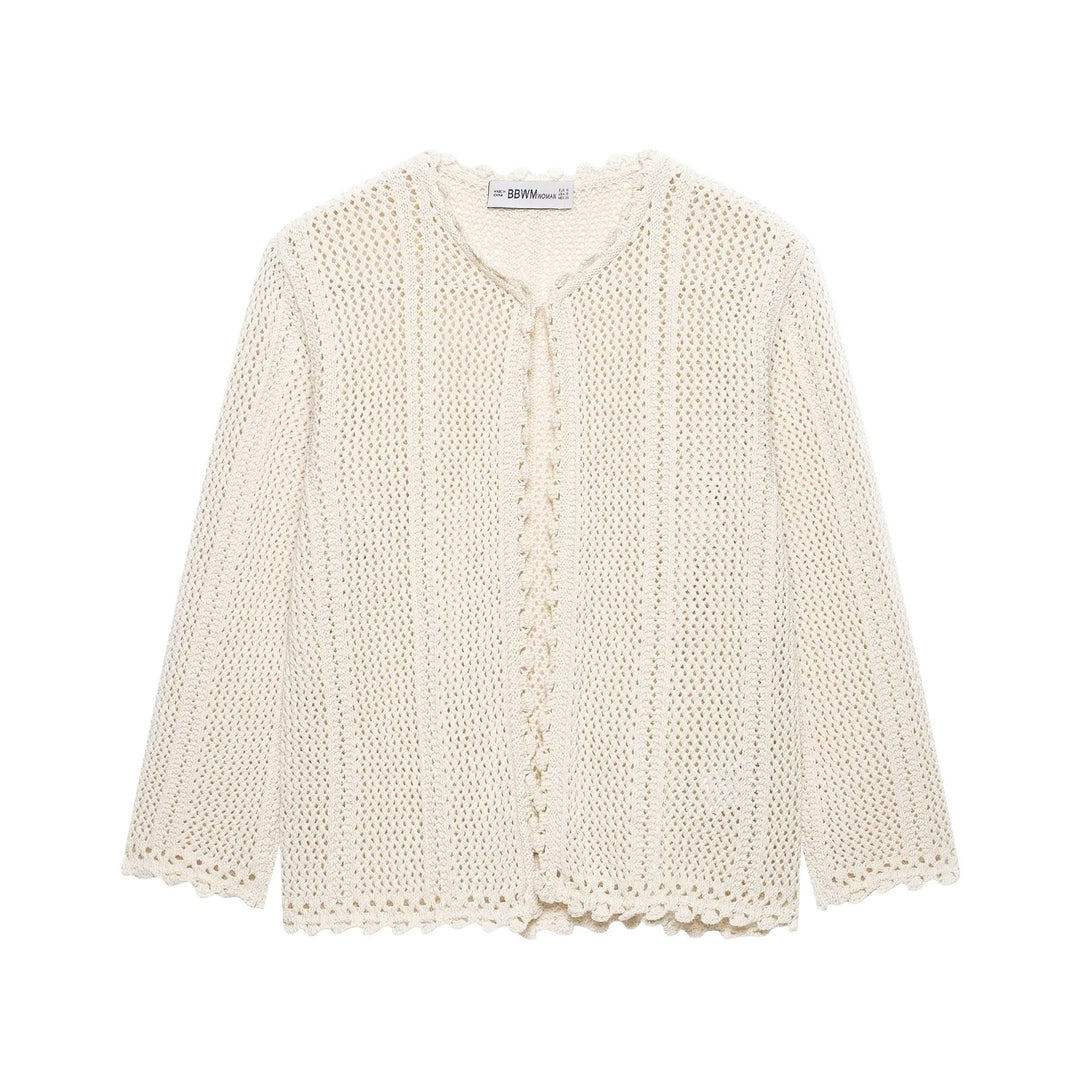 Damen Gehäkelte Kurzstrickjacke mit Scallop-Kante und Ajour‑Lochmuster Echoarchiv