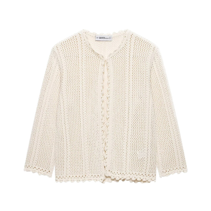 Damen Gehäkelte Kurzstrickjacke mit Scallop-Kante und Ajour‑Lochmuster Echoarchiv