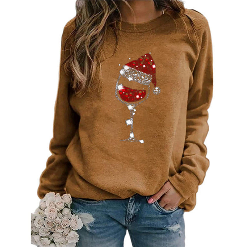 Damen Weihnachts Sweatshirt mit Pailletten Weinglas und Rundhalsausschnitt – Mavelle