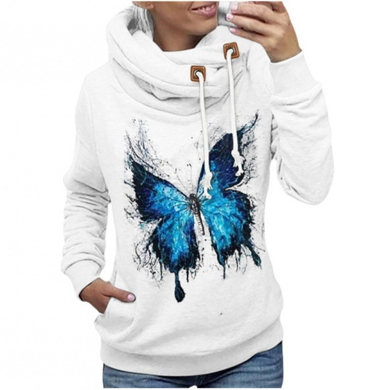 Damen Kapuzenpullover mit hohem Schlauchkragen, Kängurutasche und Schmetterlingsprint – Auréline
