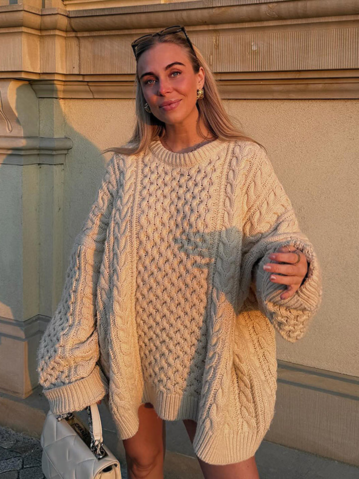 Damen Oversized Grobstrickpullover mit Zopfmuster und weiten Ballonärmeln Echoarchiv