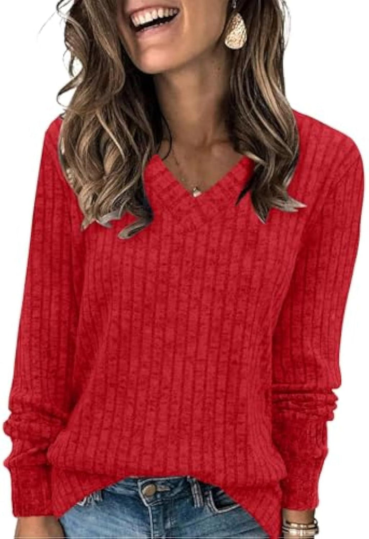 Damen gerippter V‑Ausschnitt Feinstrickpullover mit längerem Arm – Mavelle