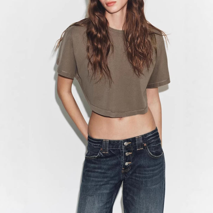 Damen cropped T-Shirt mit weit geschnittenen Ärmeln und weichem Baumwollmaterial Echo Archiv