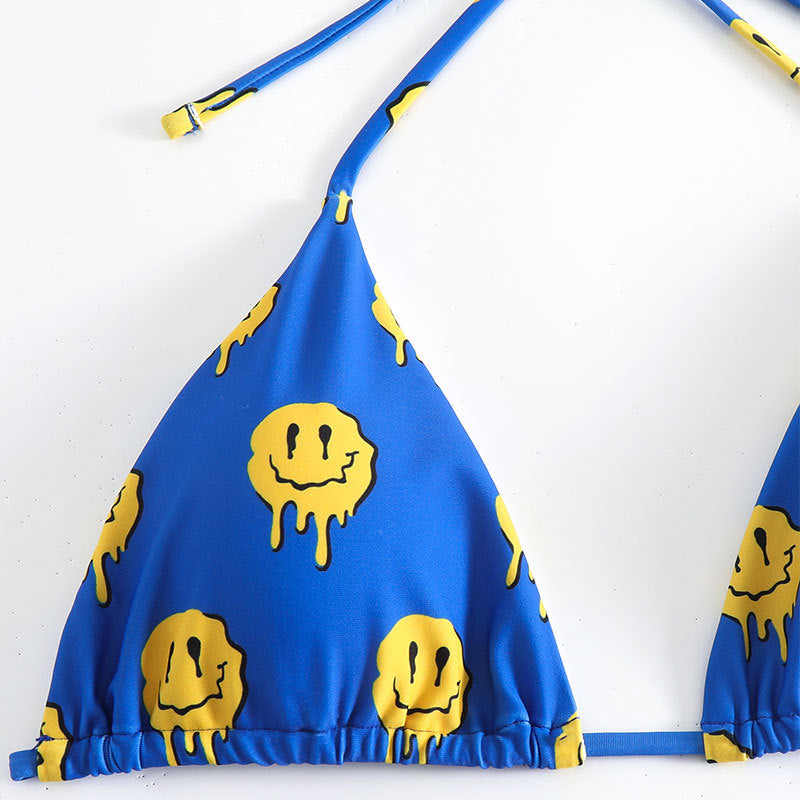 Damen Triangel-Bikini mit fröhlichem Smiley-Muster und verstellbaren Bindebändern Echo Archiv
