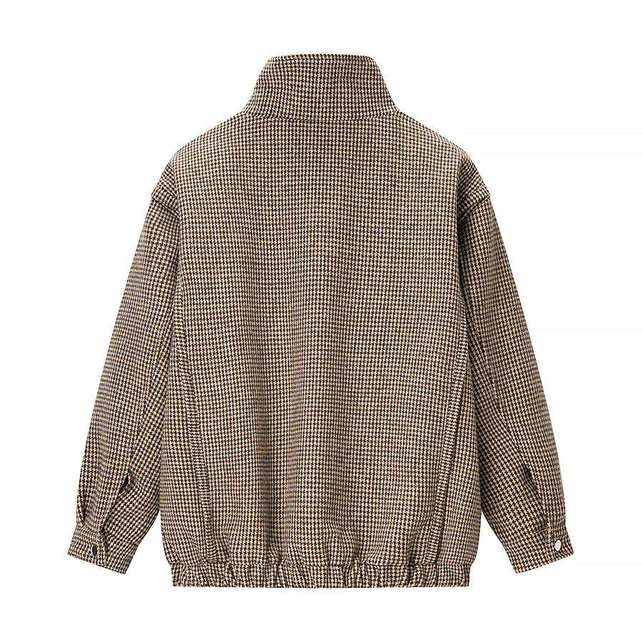 Damen Kurze Oversize-Übergangsjacke im Hahnentritt-Muster mit Stehkragen und elastischem Saum Echo Archiv