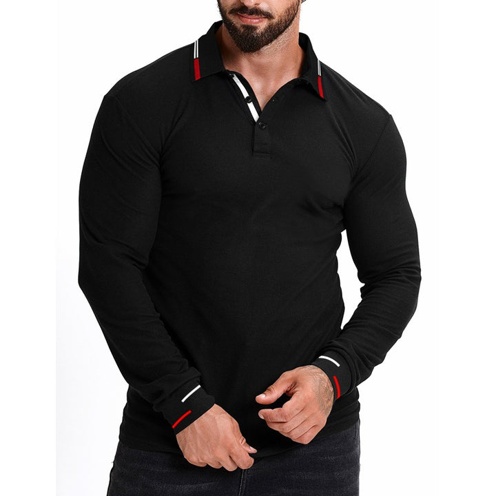 Herren Slim-Fit Langarm-Poloshirt mit Kontraststreifen an Kragen und Bündchen Echo Archiv