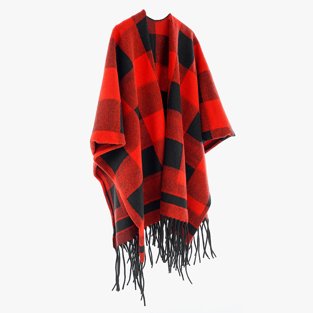 Damen Capeponcho im Plaid-Wickelstil aus Wollmix mit Fransensaum – Montévia