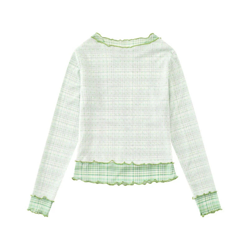 Damen Transparentes Mesh-Langarmshirt mit Manga-Print, Rüschensaum und Karomanschetten Echoarchiv