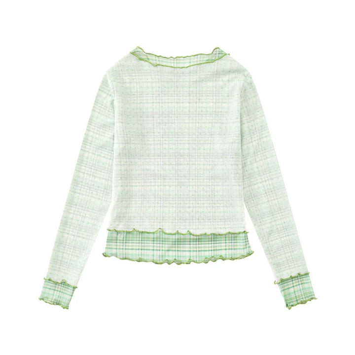 Damen Transparentes Mesh-Langarmshirt mit Manga-Print, Rüschensaum und Karomanschetten Echoarchiv