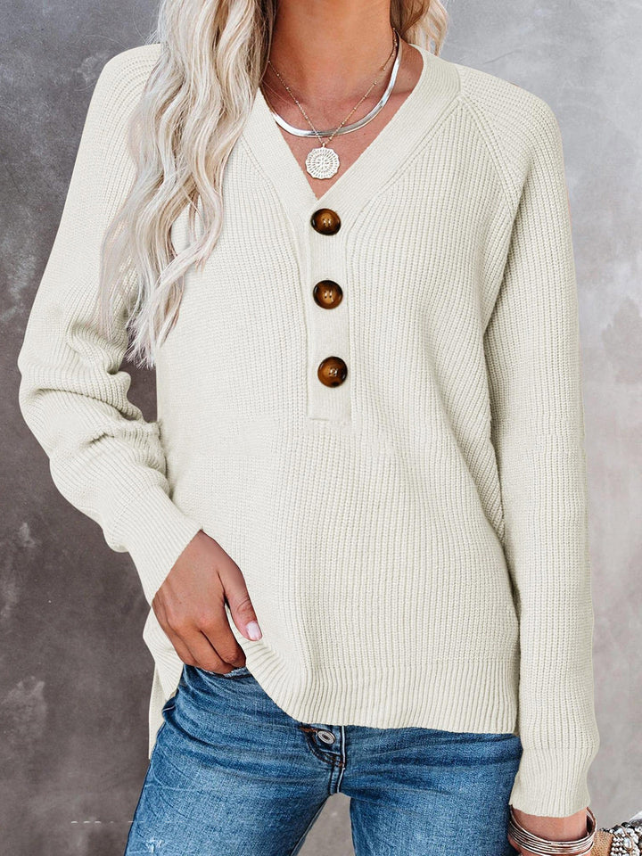 Damen Gerippter Strickpullover mit V‑Ausschnitt, Zierknopfleiste und Ballonärmeln Echoarchiv