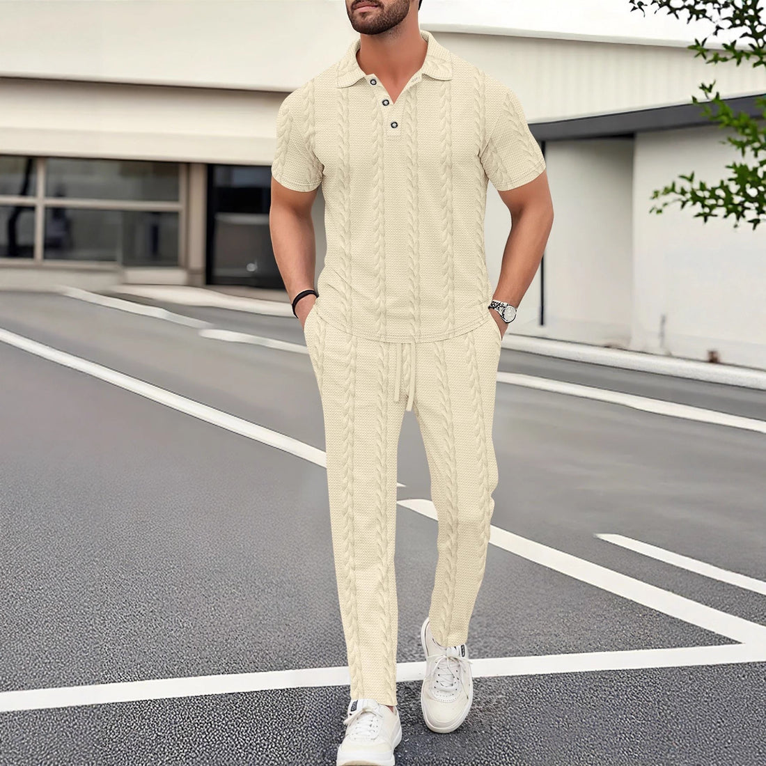 Herren modisches Polo- und Jogger-Set mit strukturiertem Design – Cavello