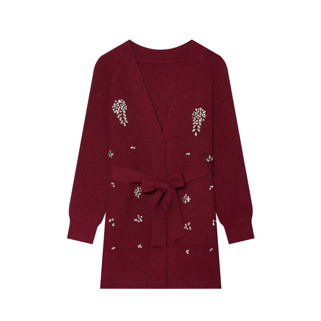 Damen Longcardigan mit Bindegürtel und Schmuckstein‑Applikation Echo Archiv