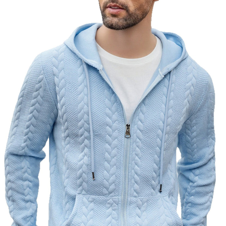 Herren strukturierte Kapuzen-Sweatjacke mit Zopfmuster, durchgehendem Reißverschluss und Kängurutasche – Cavarno