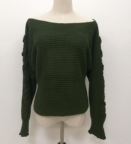 Damen Off-Shoulder Grobstrickpullover mit Zopfärmeln Drune