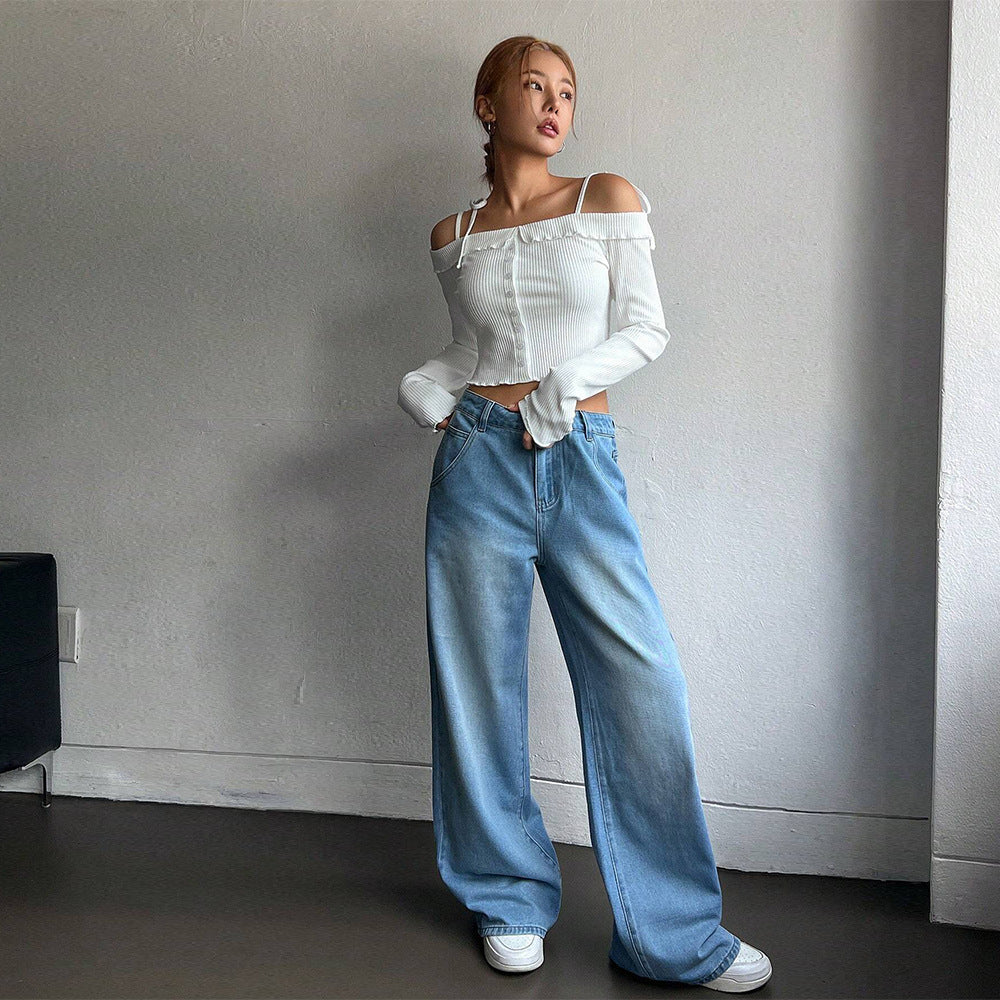 Damen geripptes schulterfreies Langarm-Cropped-Top mit Knopfleiste und Rüschensaum – Avérine