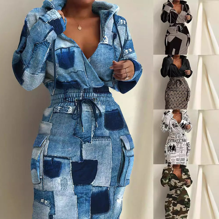 Damen Kapuzen Sweatkleid mit V-Ausschnitt, Kordelzug-Taille und Cargo-Taschen Echoarchiv