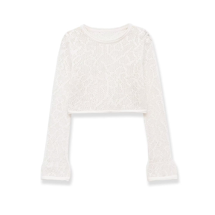 Damen gehäkeltes Cropped-Strickoberteil mit Trompetenärmeln Echo Archiv