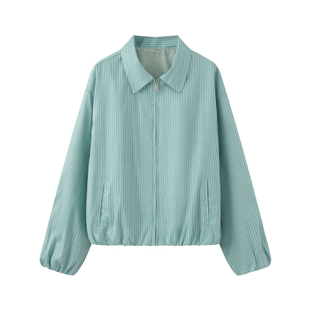 Damen Leichte gestreifte Blousonjacke mit Reißverschluss, Hemdkragen und elastischem Saum Echoarchiv