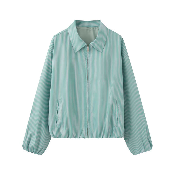 Damen Leichte gestreifte Blousonjacke mit Reißverschluss, Hemdkragen und elastischem Saum Echoarchiv