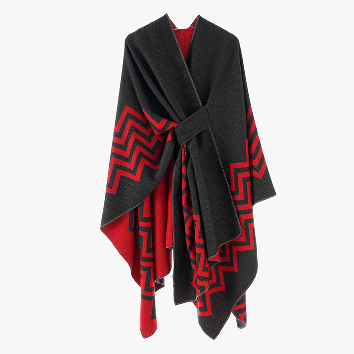 Damen Oversize Rechteck-Cape mit Jacquard-Zickzackmuster und Bindegürtel – Avérine