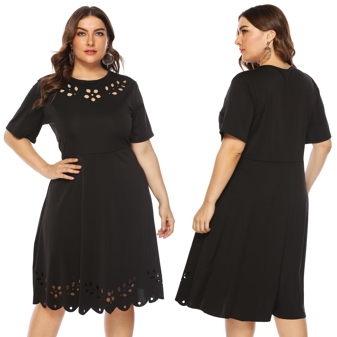 Damen elegantes Kleid mit durchbrochenem Kragen und wellenförmigem Saum – Élara