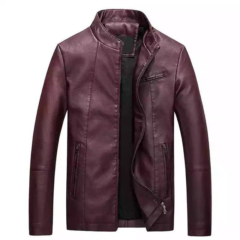 Herren Slim-Fit Kunstlederjacke mit Stehkragen und Reißverschlusstaschen Echoarchiv