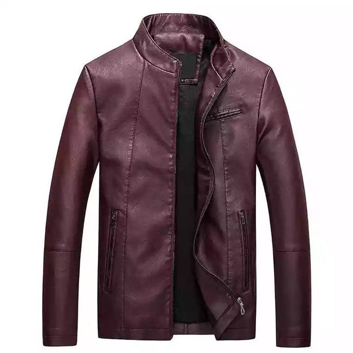 Herren Slim-Fit Kunstlederjacke mit Stehkragen und Reißverschlusstaschen Echoarchiv