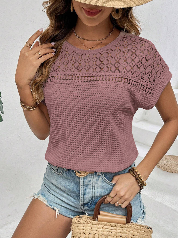 Damen Kurzärmliges Spitzencrochet-Top mit strukturierter Waffelstrick-Front Echo Archiv