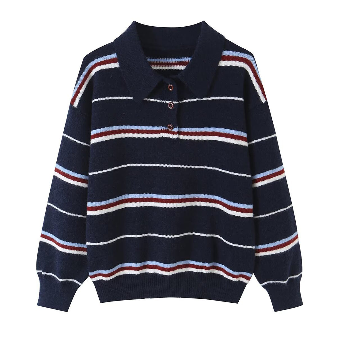 Damen Gestreifter Strickpolopullover mit kurzer Knopfleiste und Rippbündchen Echoarchiv