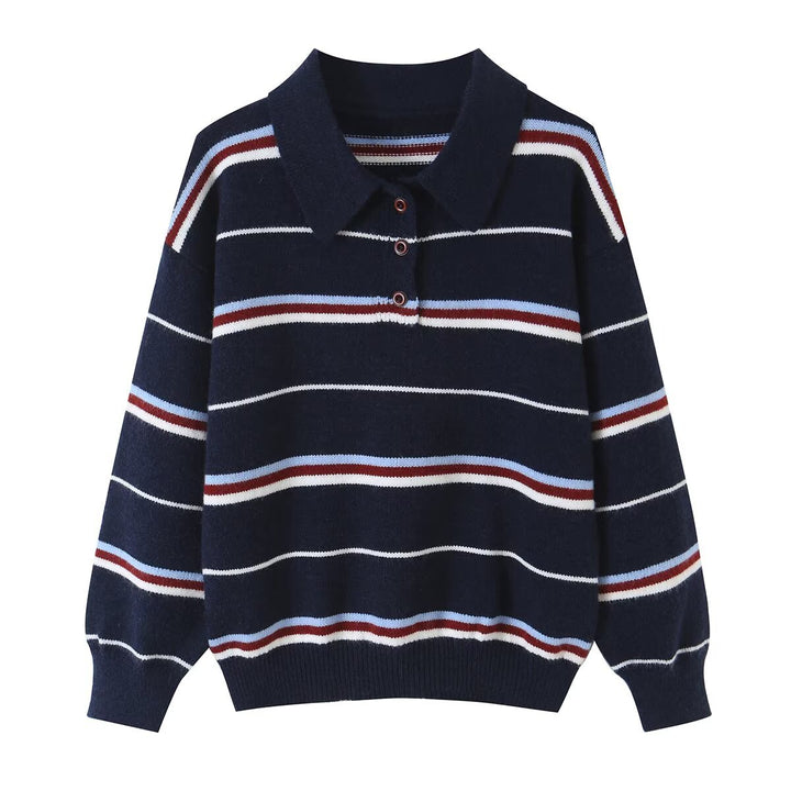 Damen Gestreifter Strickpolopullover mit kurzer Knopfleiste und Rippbündchen Echoarchiv