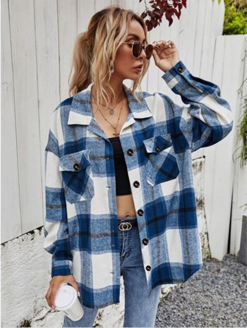 Damen Karierte Flanelljacke mit Brusttaschen Echoarchiv