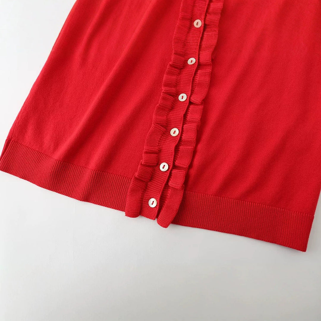 Damen Rüschensaum Strickjacke mit Knopfleiste und Volantärmeln Echo Archiv