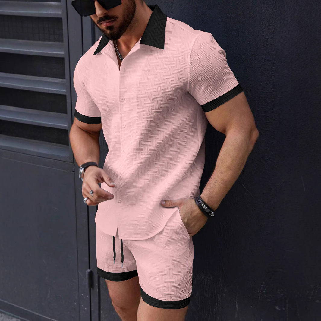 Herren modisches Kurzarm-Hemd mit strukturiertem Design und passenden Shorts Echoarchiv